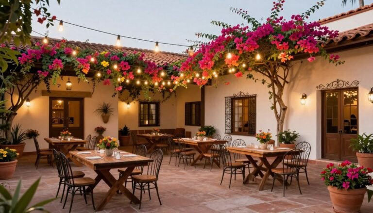 Hacienda wedding decor featuring rustic elements, vibrant flowers, and warm lighting in a courtyard setting