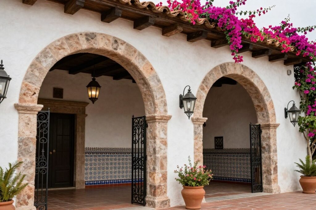 Hacienda wedding decor featuring wrought iron elements, hanging lanterns, and architectural details Hacienda wedding decor featuring wrought iron elements, hanging lanterns, and architectural details