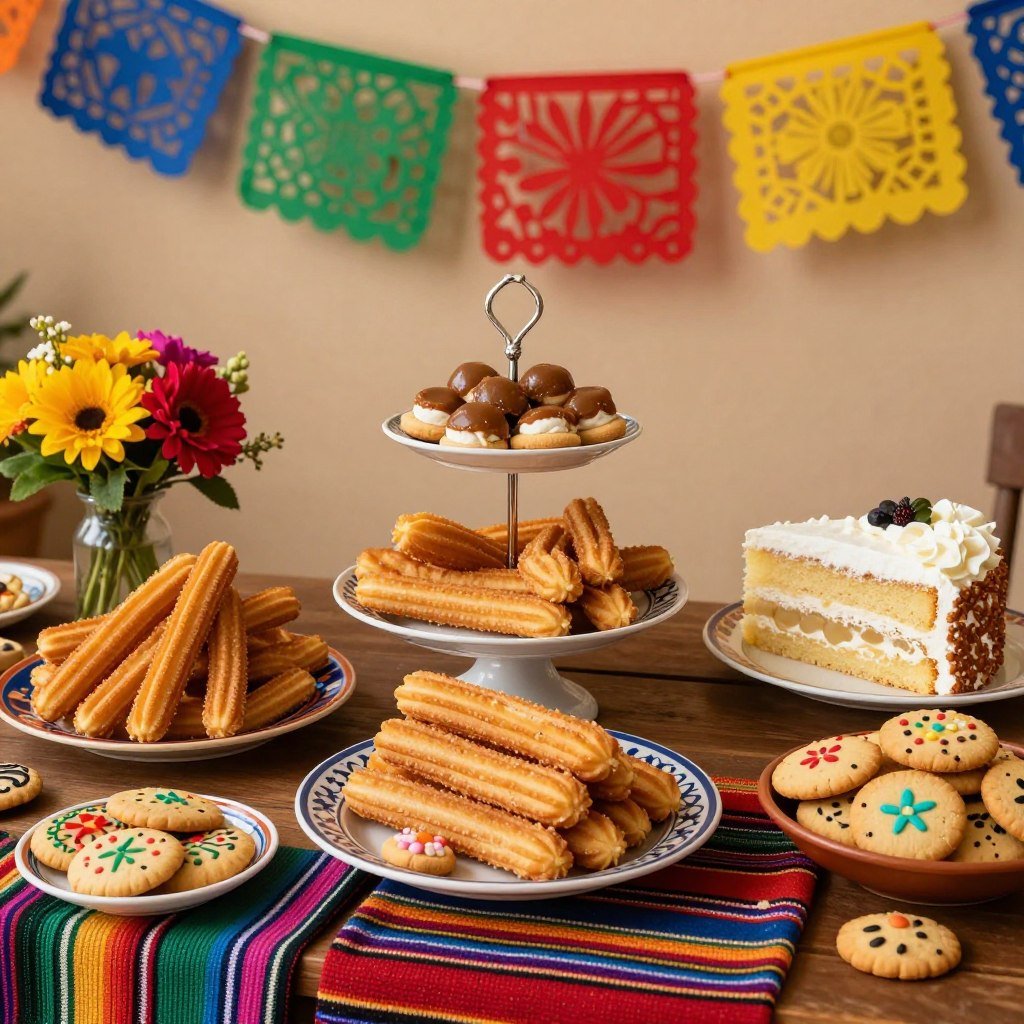 Hacienda wedding dessert table with traditional Mexican sweets and colorful decorations Hacienda wedding dessert table with traditional Mexican sweets and colorful decorations