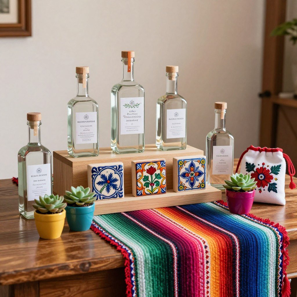 Hacienda wedding favor display with traditional Mexican gifts like mini tequila bottles, handpainted tiles, and small potted succulents Hacienda wedding favor display with traditional Mexican gifts like mini tequila bottles, handpainted tiles, and small potted succulents