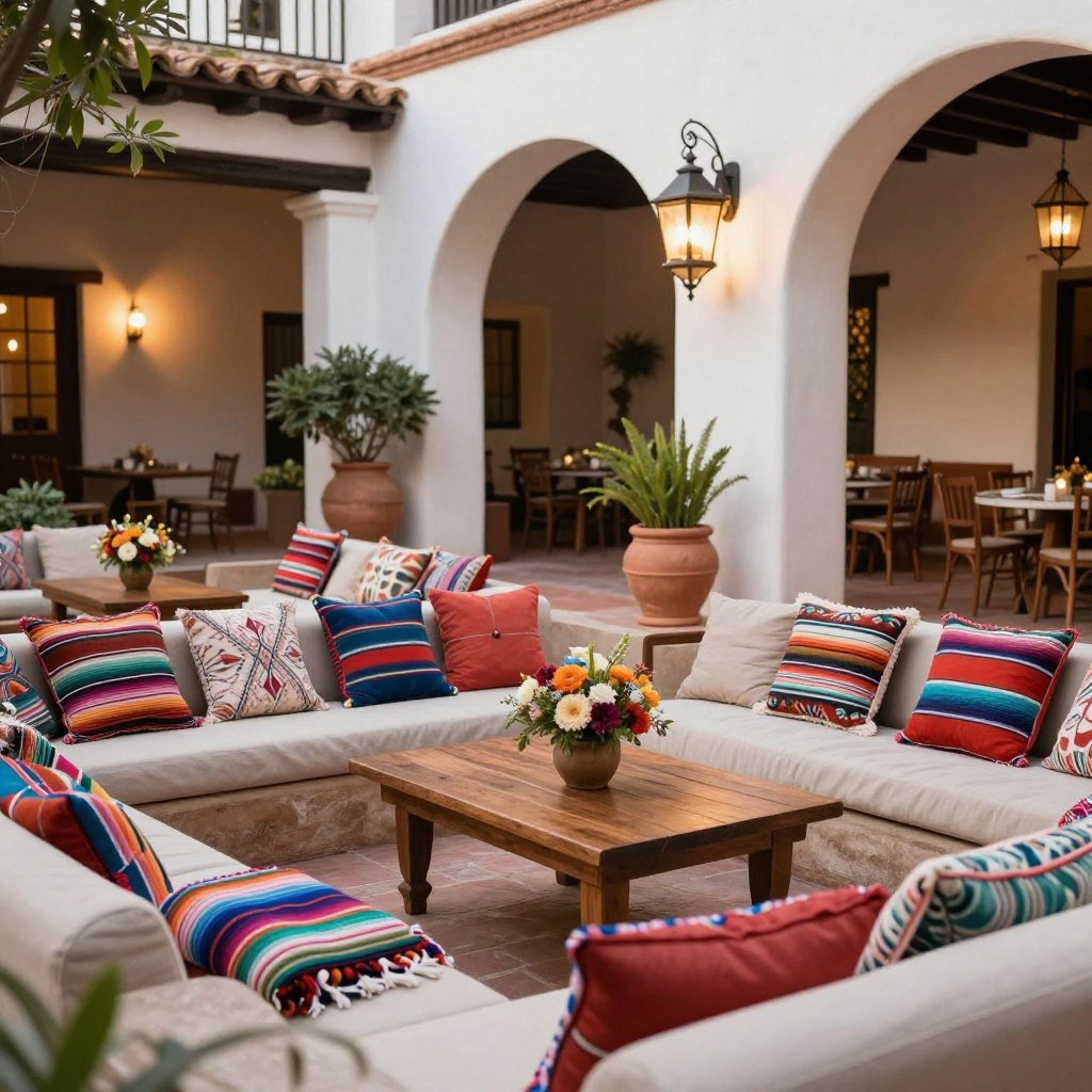 Hacienda wedding lounge area with comfortable seating, colorful pillows, and rustic decor Hacienda wedding lounge area with comfortable seating, colorful pillows, and rustic decor