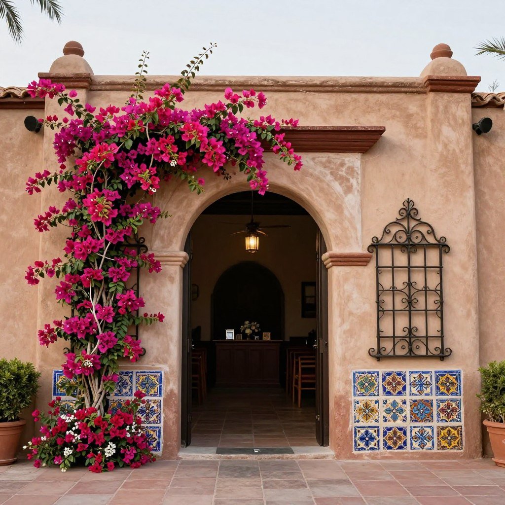 Hacienda wedding photo backdrop with colorful flowers, Mexican tiles, and architectural elements Hacienda wedding photo backdrop with colorful flowers, Mexican tiles, and architectural elements