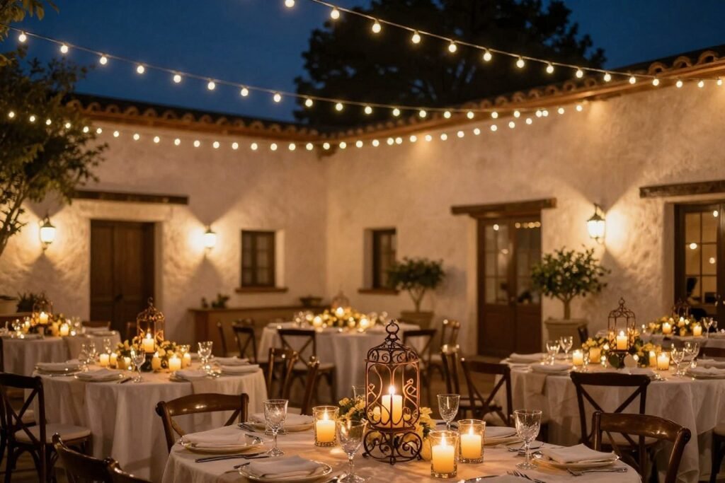 Hacienda wedding reception with string lights, candles, and warm ambient lighting creating a romantic atmosphere Hacienda wedding reception with string lights, candles, and warm ambient lighting creating a romantic atmosphere