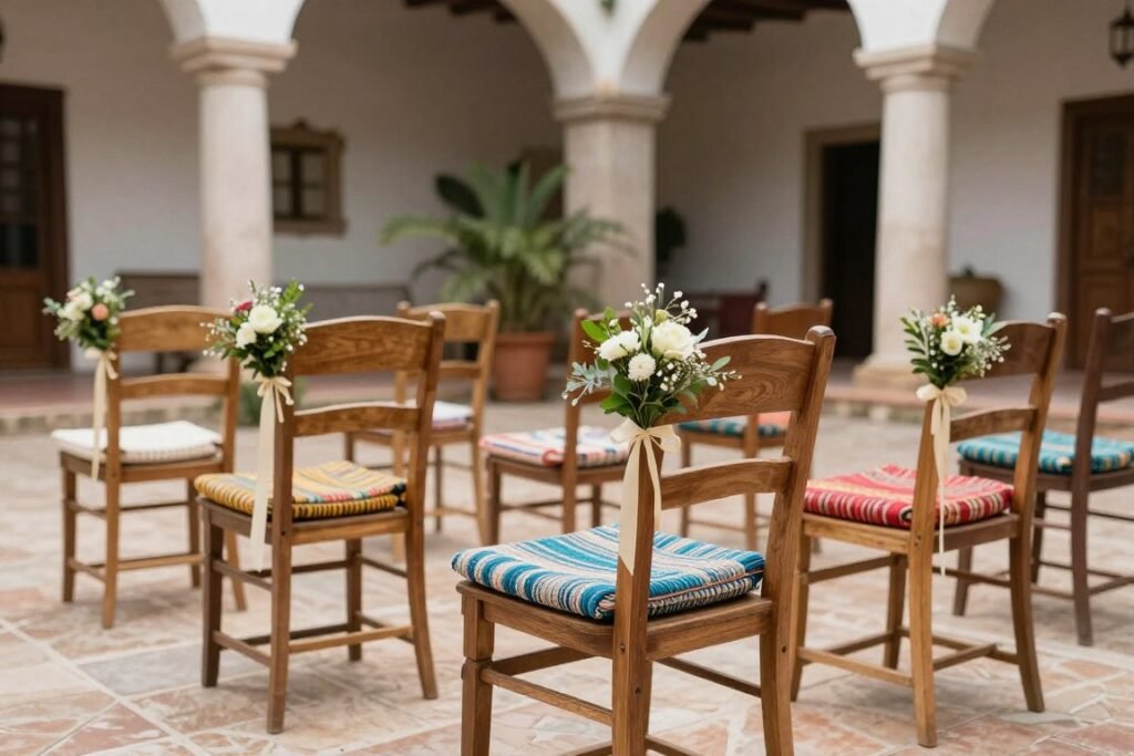 Hacienda wedding seating with wooden chairs, colorful cushions, and floral decorations Hacienda wedding seating with wooden chairs, colorful cushions, and floral decorations
