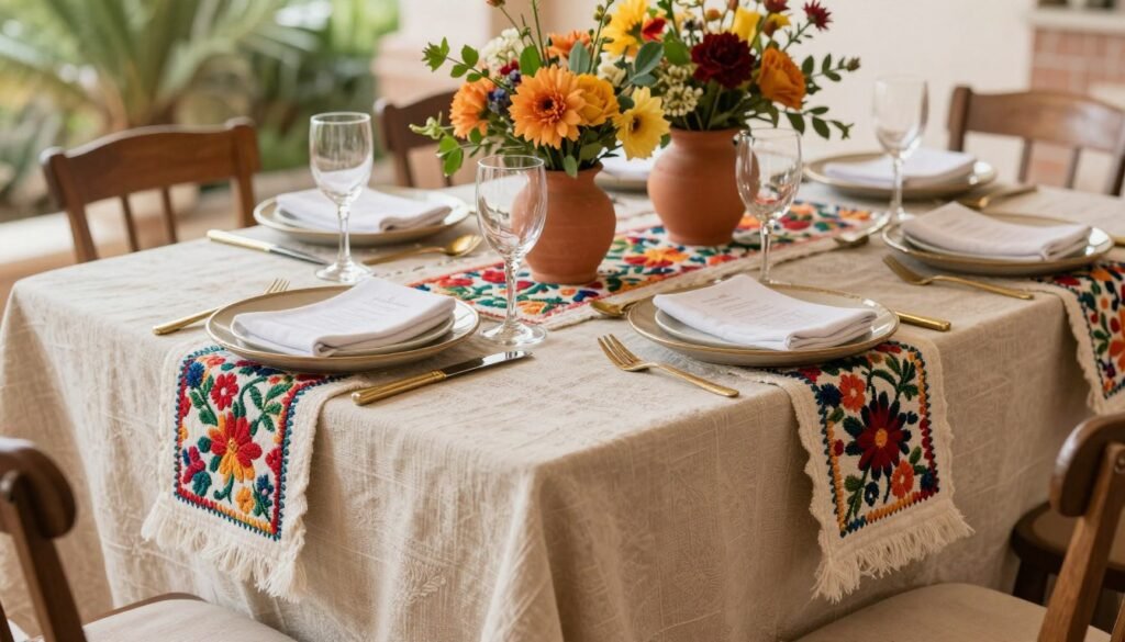 Hacienda wedding table with layered textured linens, embroidered runner, and floral centerpieces Hacienda wedding table with layered textured linens, embroidered runner, and floral centerpieces