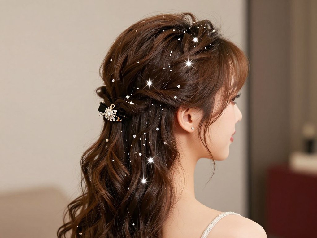 Half-up hairstyle with decorative accessories