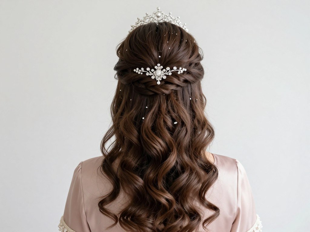 Half-up hairstyle with decorative crown accessory for bridesmaid wedding look