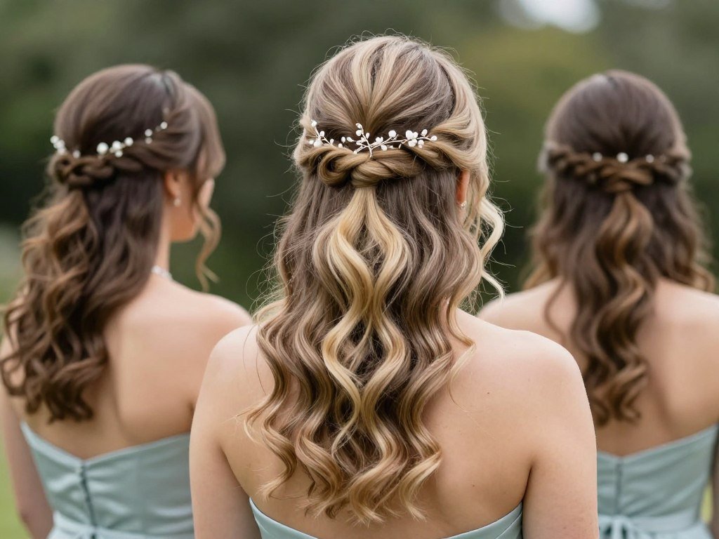 Half-up half-down bridesmaid hairstyle with volume for wedding