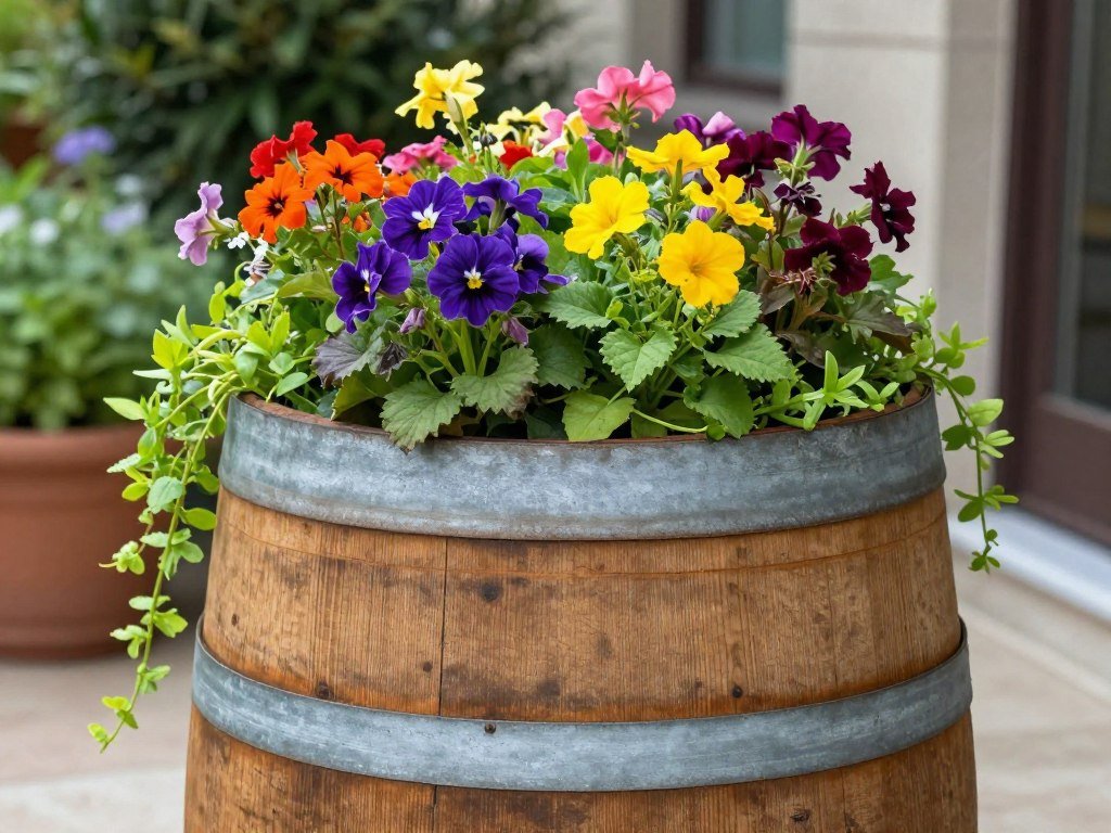 Half wine barrel planter filled with colorful flowers on a patio Half wine barrel planter filled with colorful flowers on a patio
