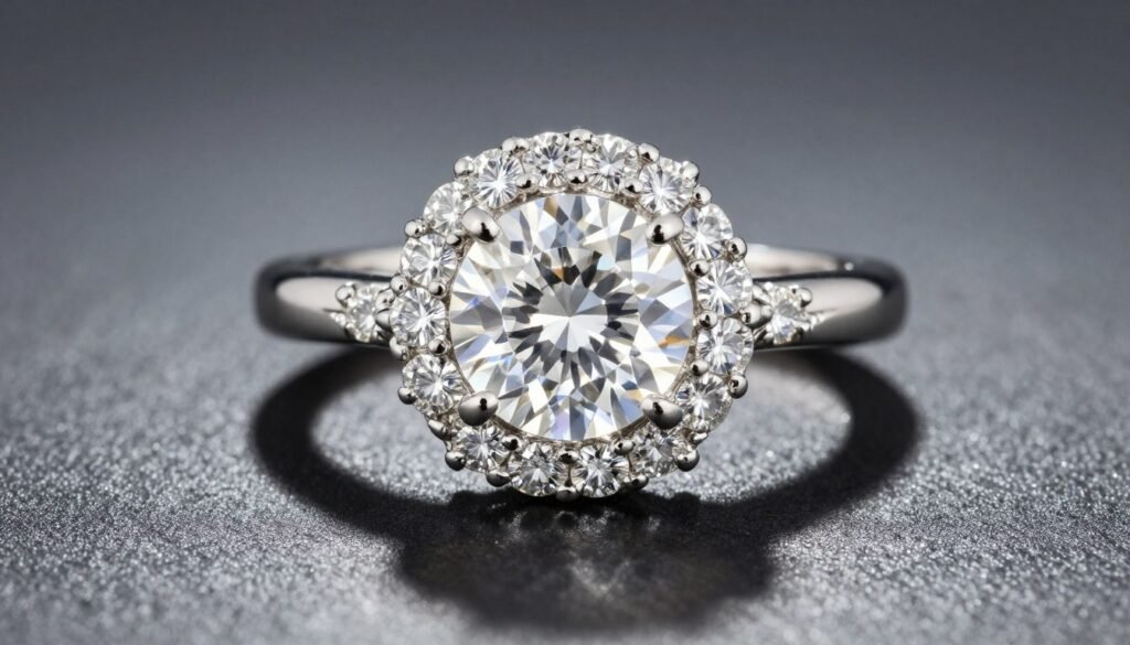 Halo engagement ring with diamond center stone and surrounding smaller diamonds Halo engagement ring with diamond center stone and surrounding smaller diamonds