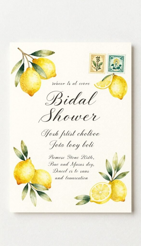 Hand drawn Italian bridal shower invitation with watercolor lemons and olive branches