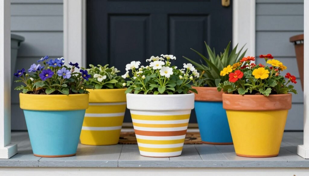 Hand-painted terra cotta pots in bright colors and patterns creating a cheerful front porch display Hand-painted terra cotta pots in bright colors and patterns creating a cheerful front porch display