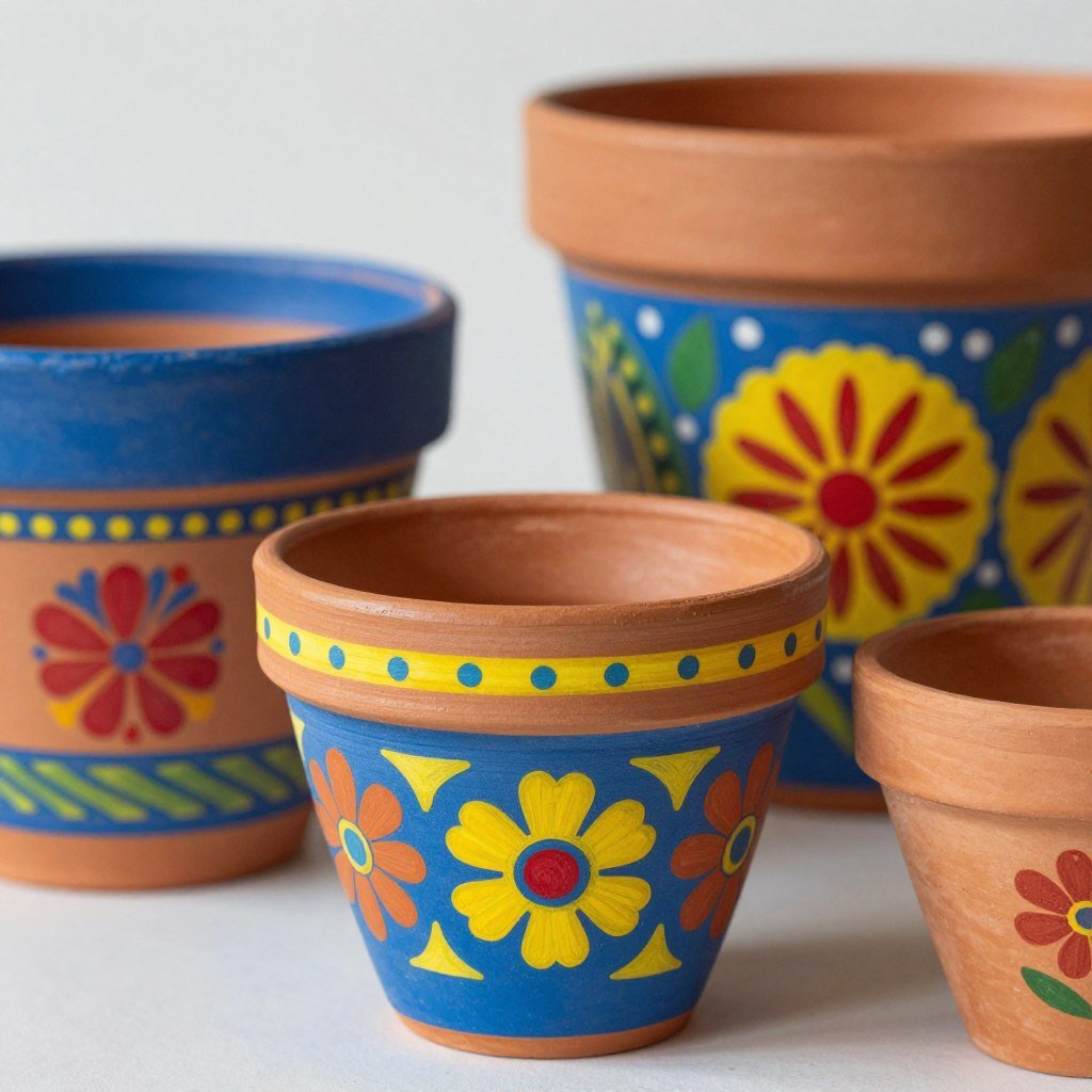 Hand-painted terracotta pots with Mexican-inspired designs for hacienda wedding decor Hand-painted terracotta pots with Mexican-inspired designs for hacienda wedding decor