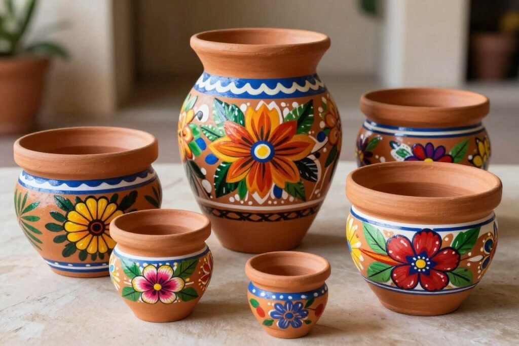 Hand-painted terracotta pots with colorful Mexican-inspired designs for hacienda wedding centerpieces Hand-painted terracotta pots with colorful Mexican-inspired designs for hacienda wedding centerpieces