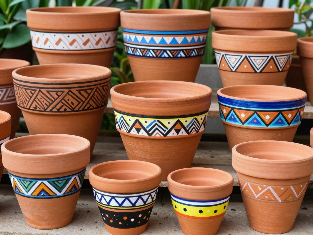 Hand-painted terracotta pots with decorative patterns and colors