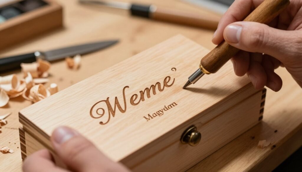 Hand personalizing a wooden groomsmen proposal box with engraving tool