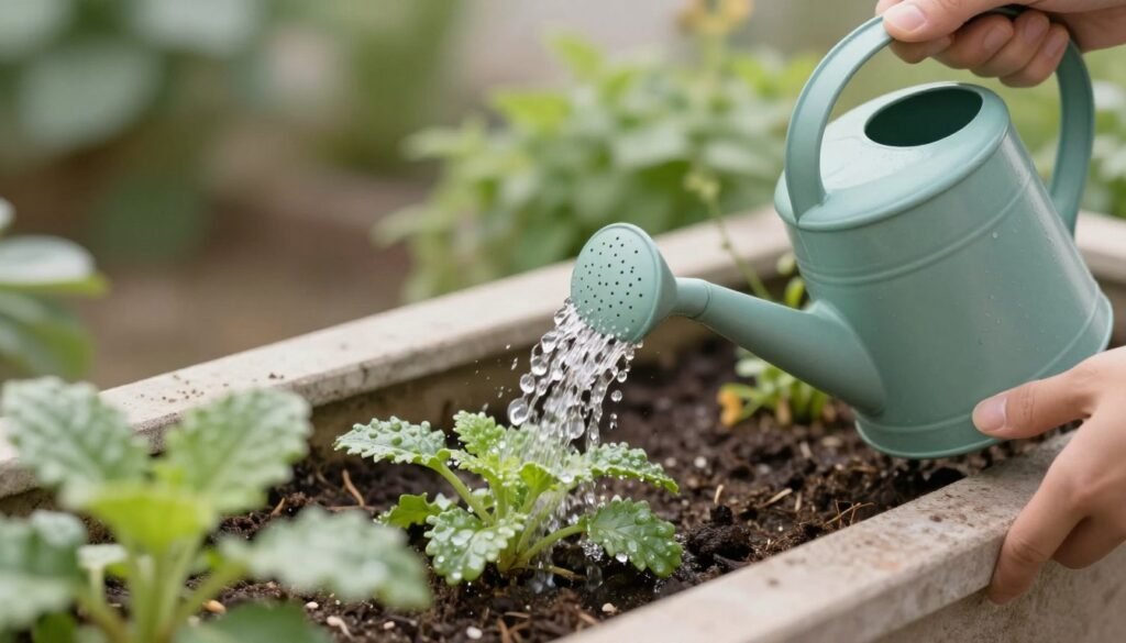 Hand watering a planter box with a watering can, demonstrating proper technique Hand watering a planter box with a watering can, demonstrating proper technique