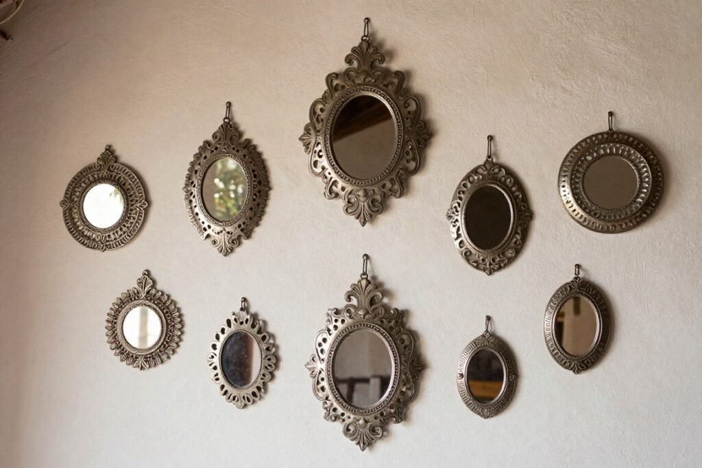 Handcrafted Mexican tin ornaments and mirrors being used as hacienda wedding decor Handcrafted Mexican tin ornaments and mirrors being used as hacienda wedding decor