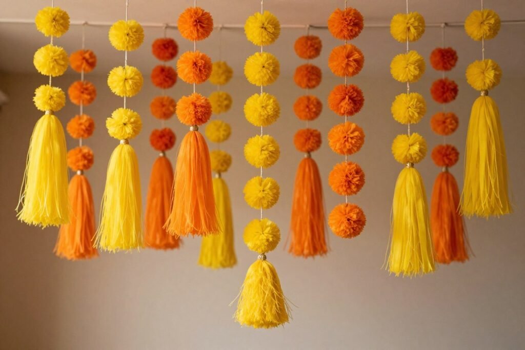 Handmade fabric pom-poms and tassels for haldi decoration