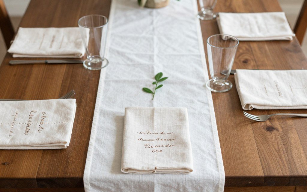 Handmade fabric wedding decorations including table runners