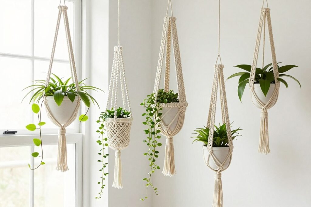 Handmade macramé plant hangers in various designs holding different plants near a bright window Handmade macramé plant hangers in various designs holding different plants near a bright window