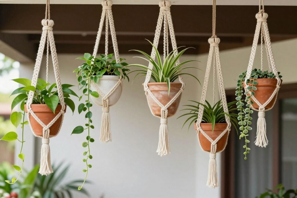 Handmade macramé plant hangers with potted plants suspended at different heights Handmade macramé plant hangers with potted plants suspended at different heights