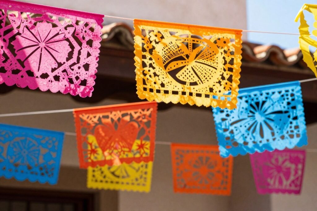 Handmade papel picado banners in bright colors for hacienda wedding decor Handmade papel picado banners in bright colors for hacienda wedding decor