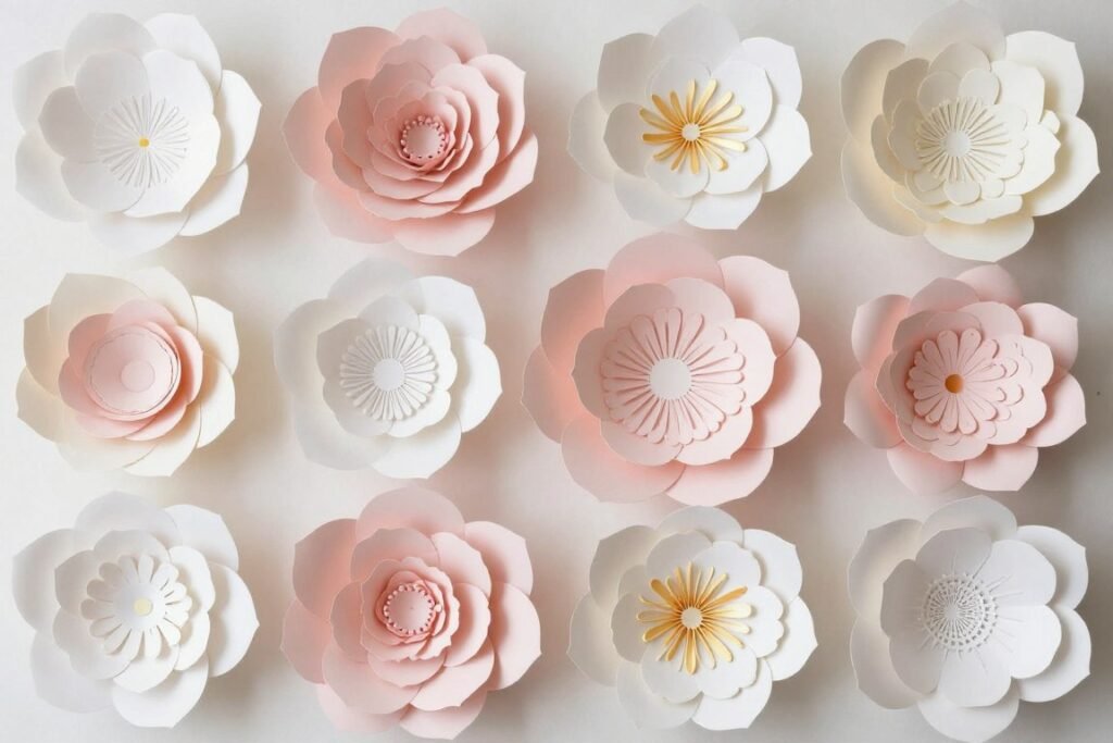 Handmade paper flowers in various sizes and colors