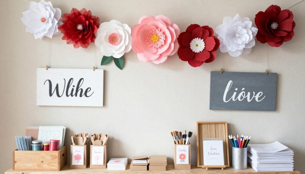 Handmade wedding decorations including paper flowers and garlands