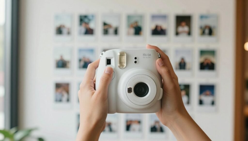 Hands holding instant camera ready to take photo with polaroid pictures displayed in background Hands holding instant camera ready to take photo with polaroid pictures displayed in background