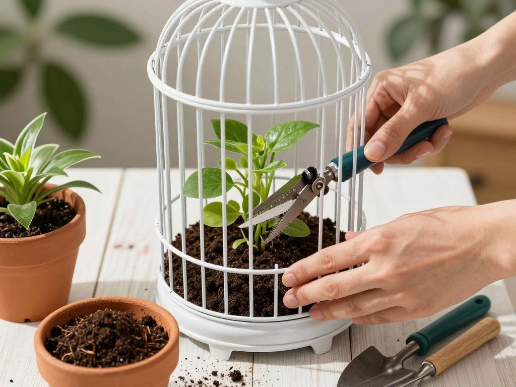Hands maintaining a birdcage planter by trimming plants and refreshing soil