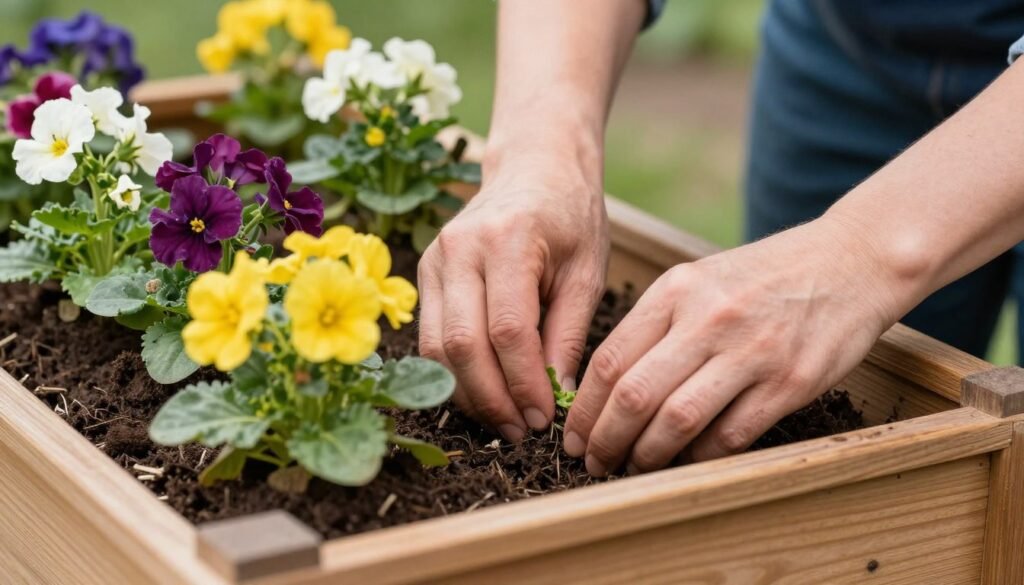 Hands planting flowers in a window box, showing the step-by-step process Hands planting flowers in a window box, showing the step-by-step process