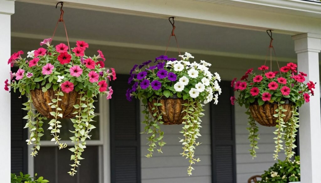 Hanging baskets with colorful flowers suspended from a front porch ceiling Hanging baskets with colorful flowers suspended from a front porch ceiling