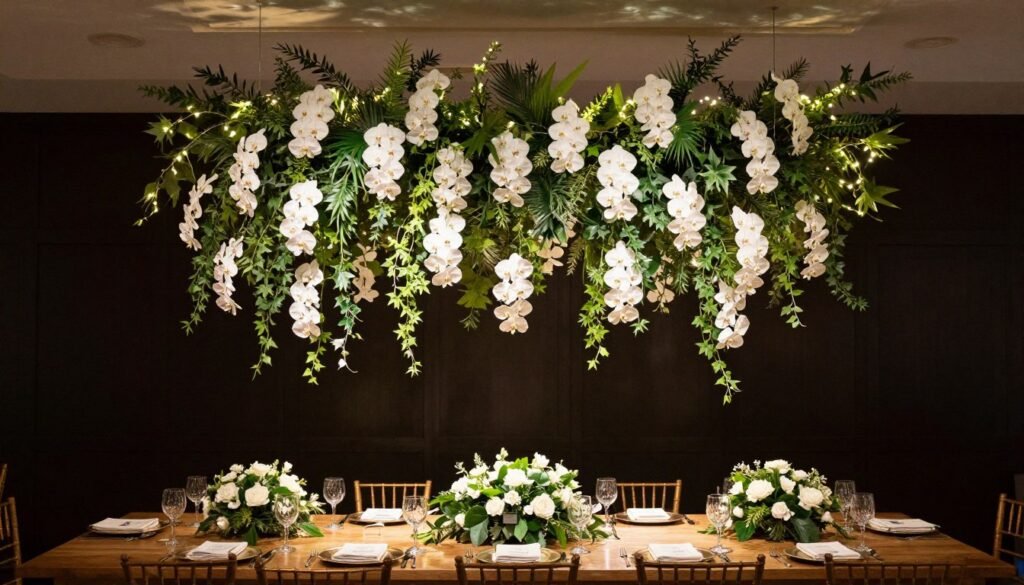 Hanging floral installation above wedding reception table