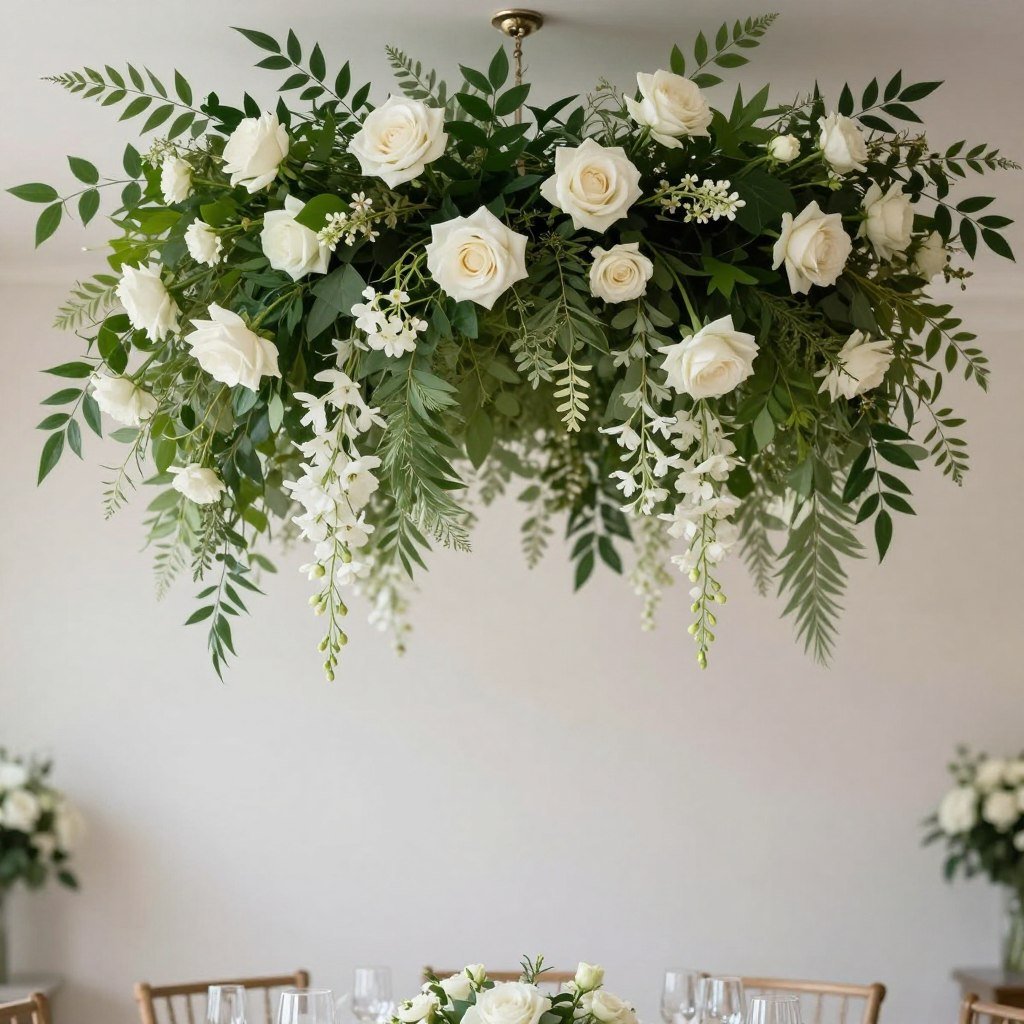 Hanging floral installation with greenery and white flowers