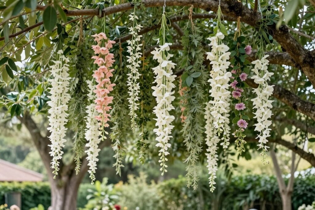 Hanging floral installations at backyard wedding
