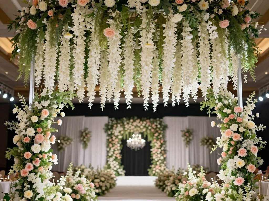 Hanging flower arch decoration wedding with suspended blooms