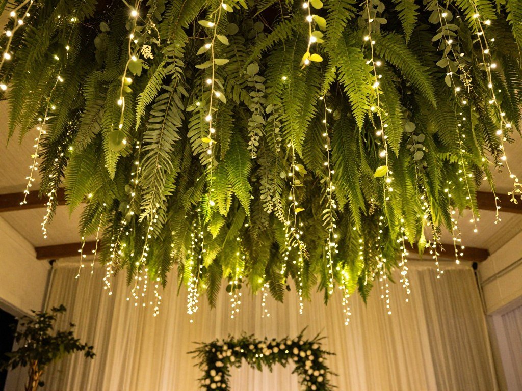 Hanging greenery installation with fairy lights at indoor wedding