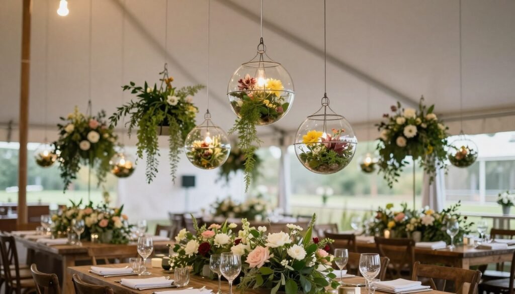 Hanging terrariums with flowers suspended above dining tables