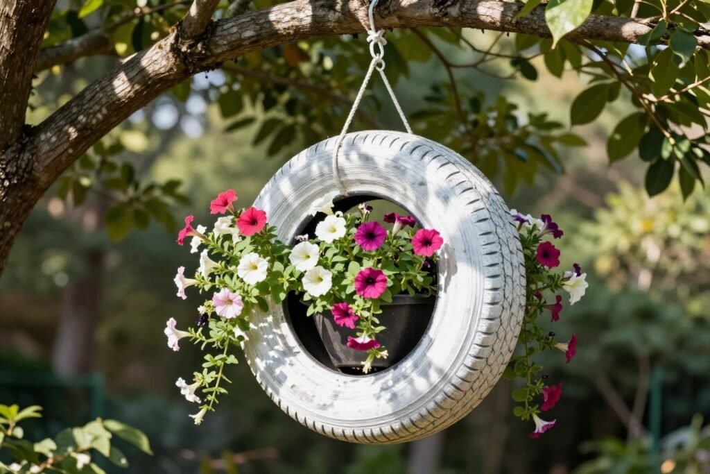 Hanging tire planter suspended from a tree branch with colorful flowers spilling over the edges