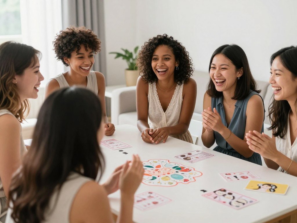 Happy bridal shower guests laughing during games Happy bridal shower guests laughing during games