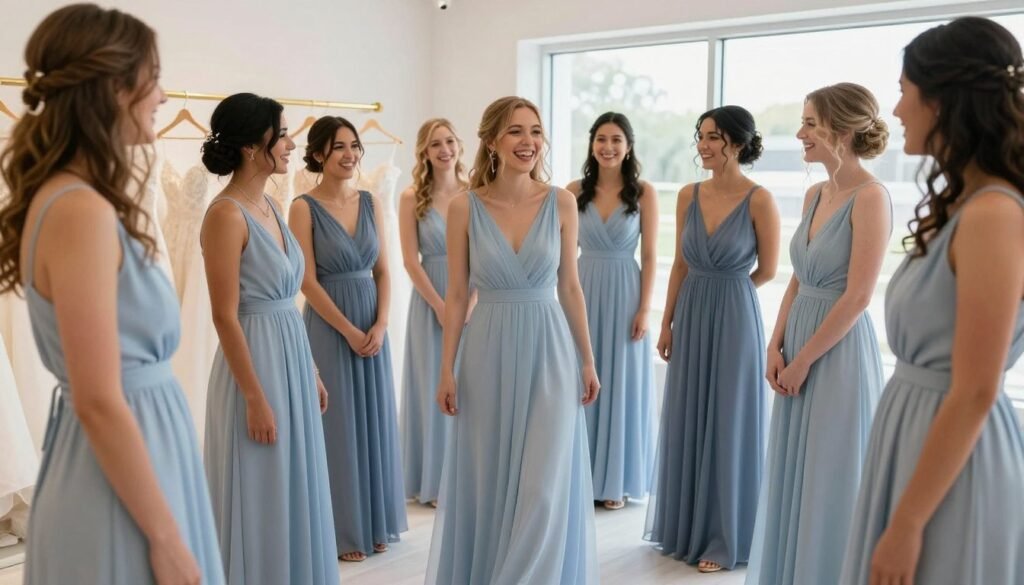 Happy bridesmaids trying on different blue dresses in bridal shop