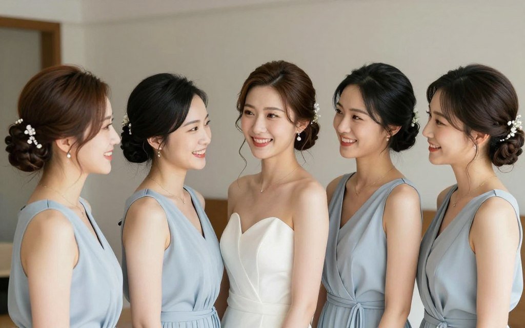 Happy bridesmaids with beautiful coordinated hairstyles Happy bridesmaids with beautiful coordinated hairstyles