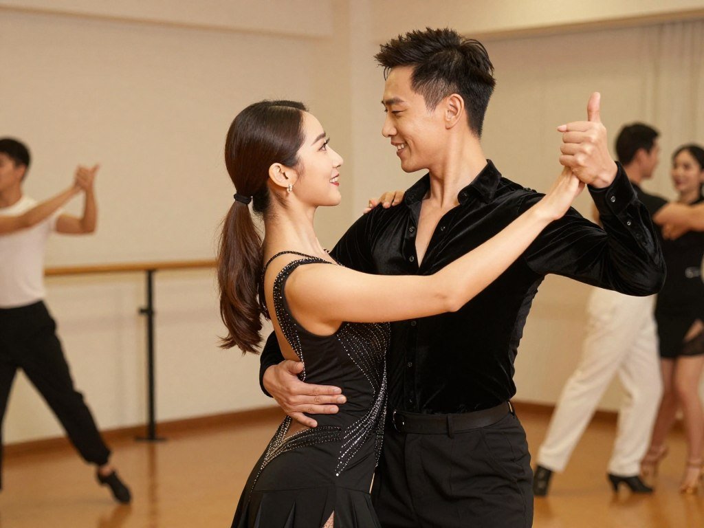 Happy couple dancing together in dance studio learning new moves