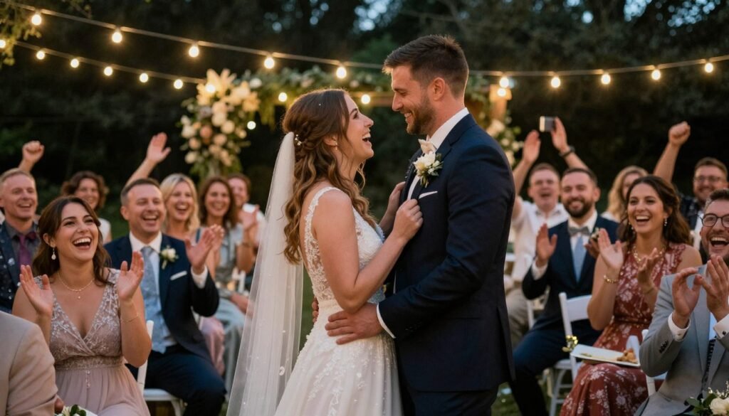 Happy couple enjoying their backyard wedding