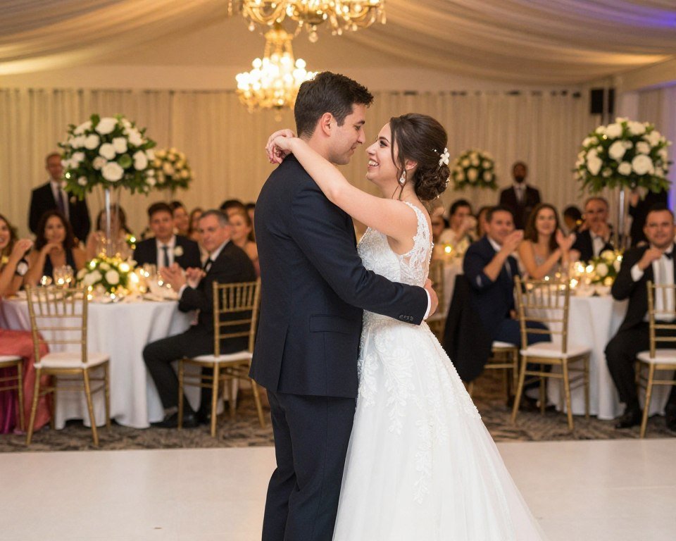 Happy couple enjoying their beautifully decorated wedding reception