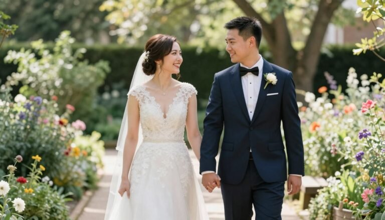 Happy couple walking hand in hand through sunlit garden path on their wedding day