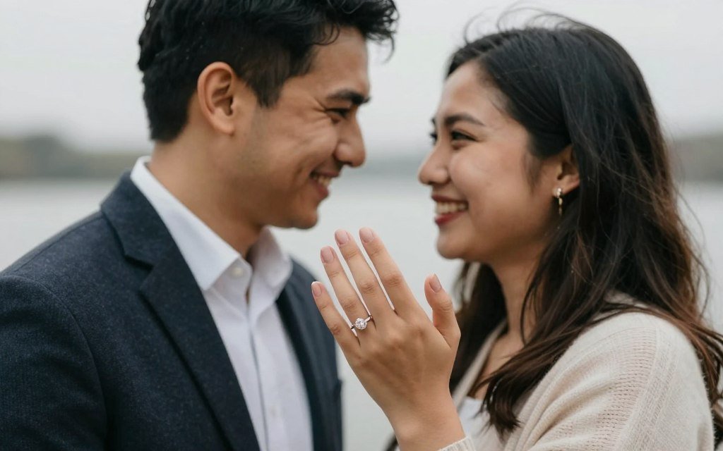 Happy couple with new engagement ring celebrating Happy couple with new engagement ring celebrating