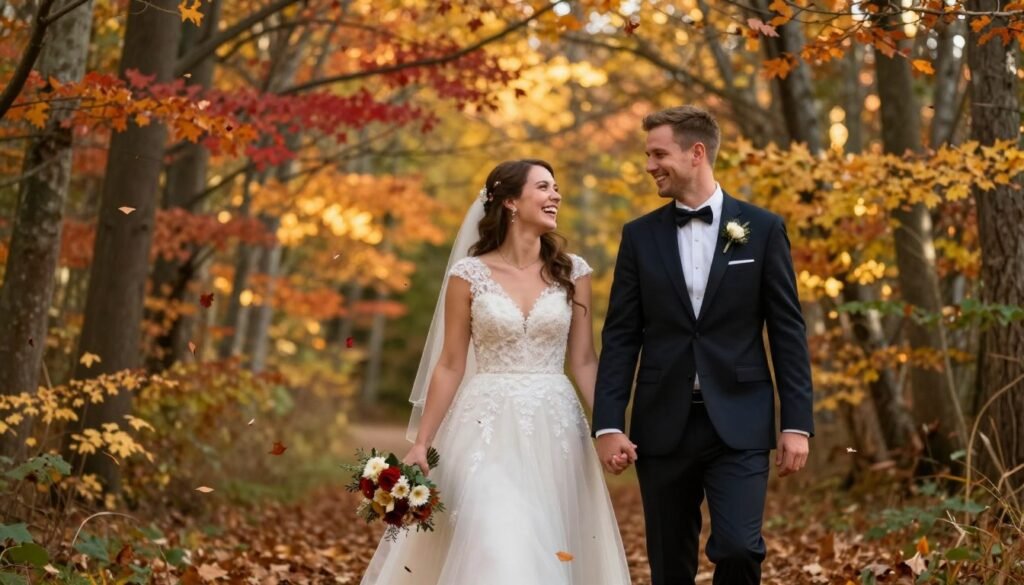 Happy newlyweds celebrating October wedding with fall foliage Happy newlyweds celebrating October wedding with fall foliage