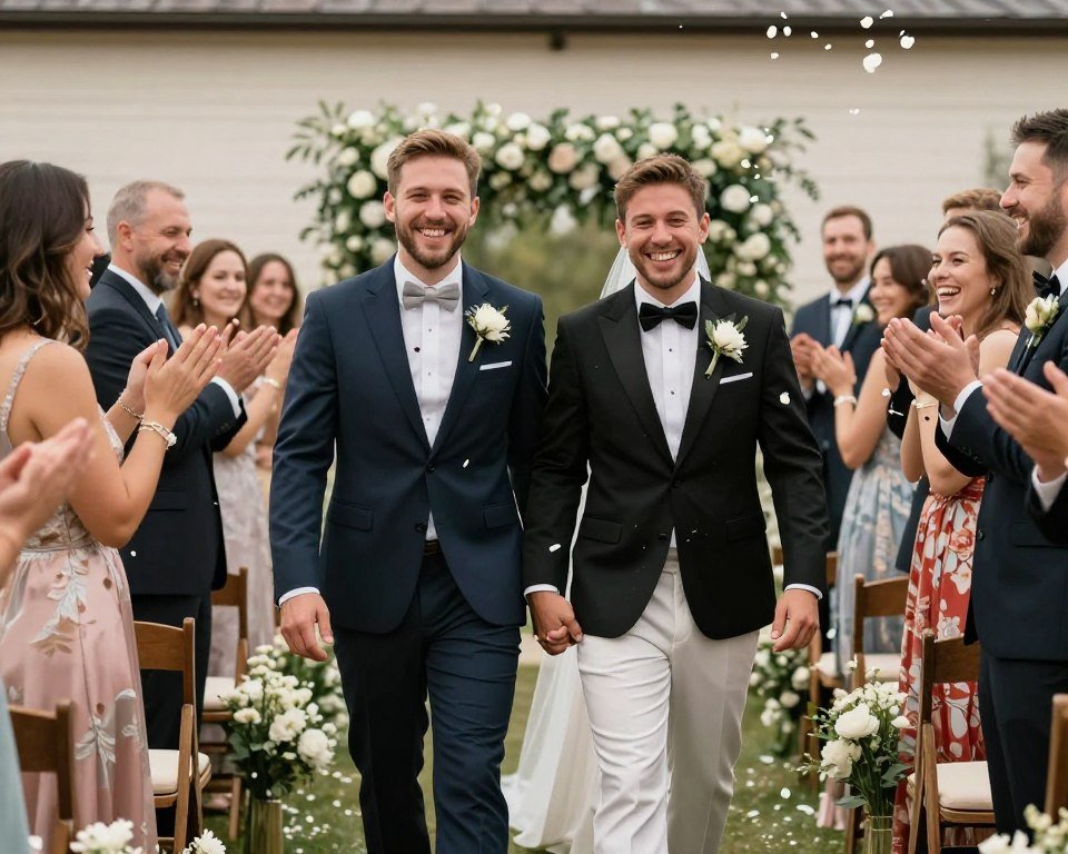 Happy newlyweds walking back down aisle holding hands with big smiles